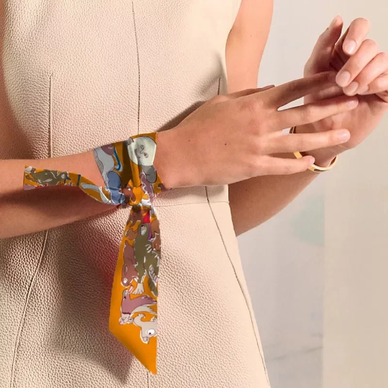 90x5cm Animal Print Streamer Women's Spring Summer Imitation Silk Scarf Rabbit and Horse Print Headband Tied Packaging Ribbon