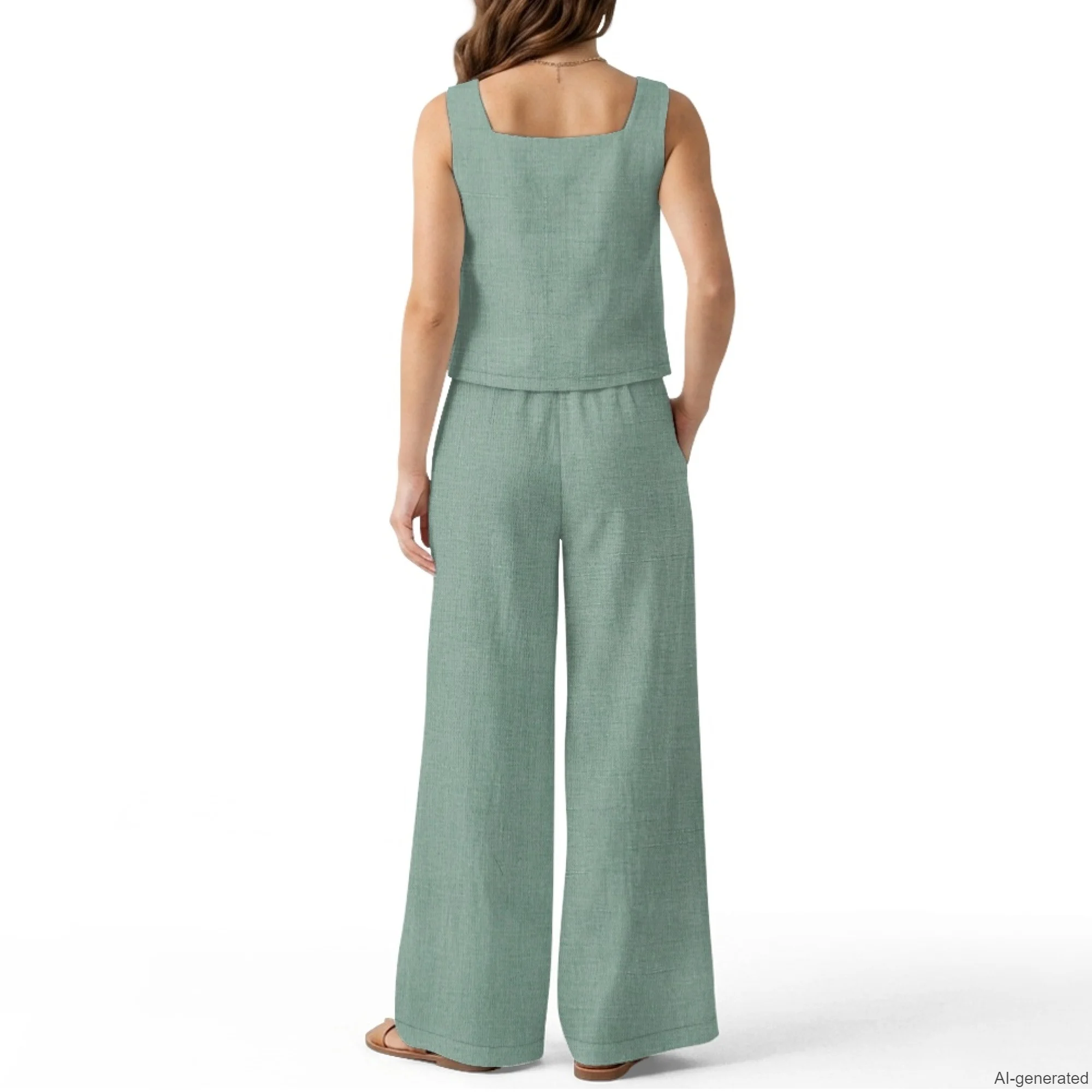 INSTANTARTS Women's Vest Wide-Leg Pants Linen Suit 2Pc Summer Casual Outfits Panda Print Sleeveless Vest Wide Leg Pants S-2XL