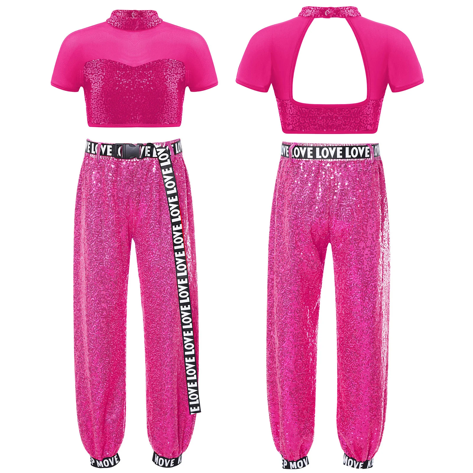 ชุดเต้นแจ๊สสำหรับเด็กผู้หญิง เสื้อครอปท็อปปักเลื่อมแบบตัดต่อ+กางเกงเลื่อม+เข็มขัดพิมพ์ลายตัวอักษร สำหรับการแสดงบนเวที ฮิปฮอป