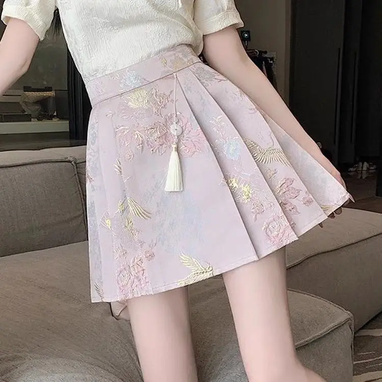 New Chinese Style Pink Jacquard Embroidery Improved Horse Face Short Skirt For Women's Summer New A-line Pleated Skirt New