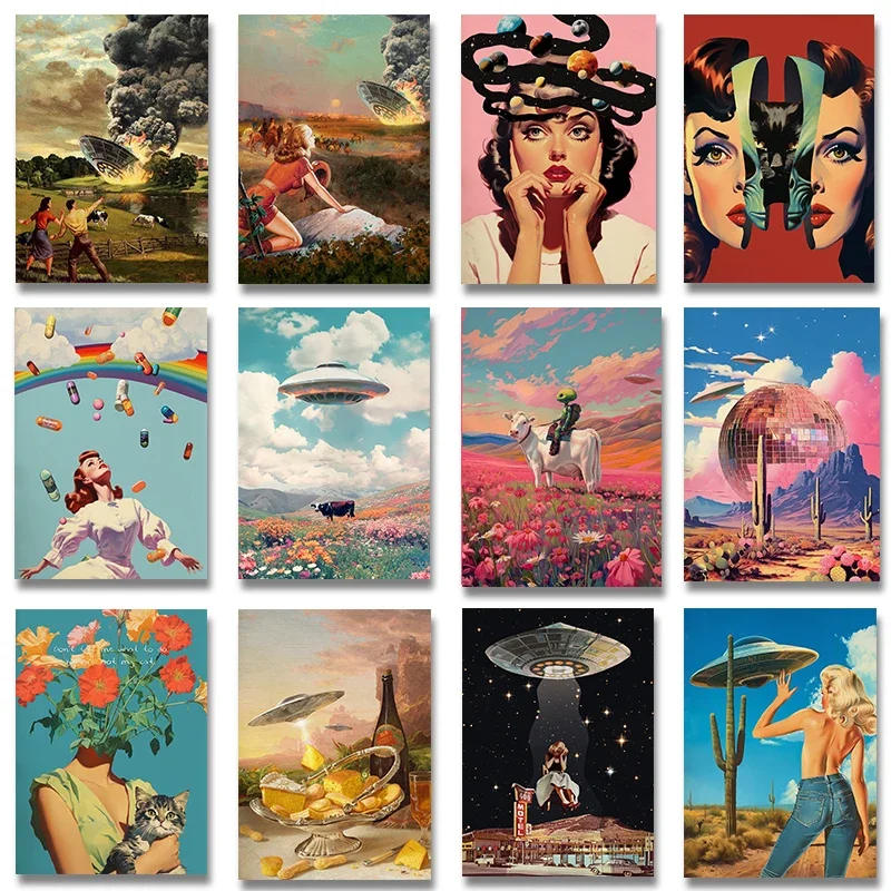 UFO Alien Poster Retro Disco Ball Cactus Landscape Canvas Painting Cow Poster Surreal Trippy Wall Art Home Decor Mural Cuadro