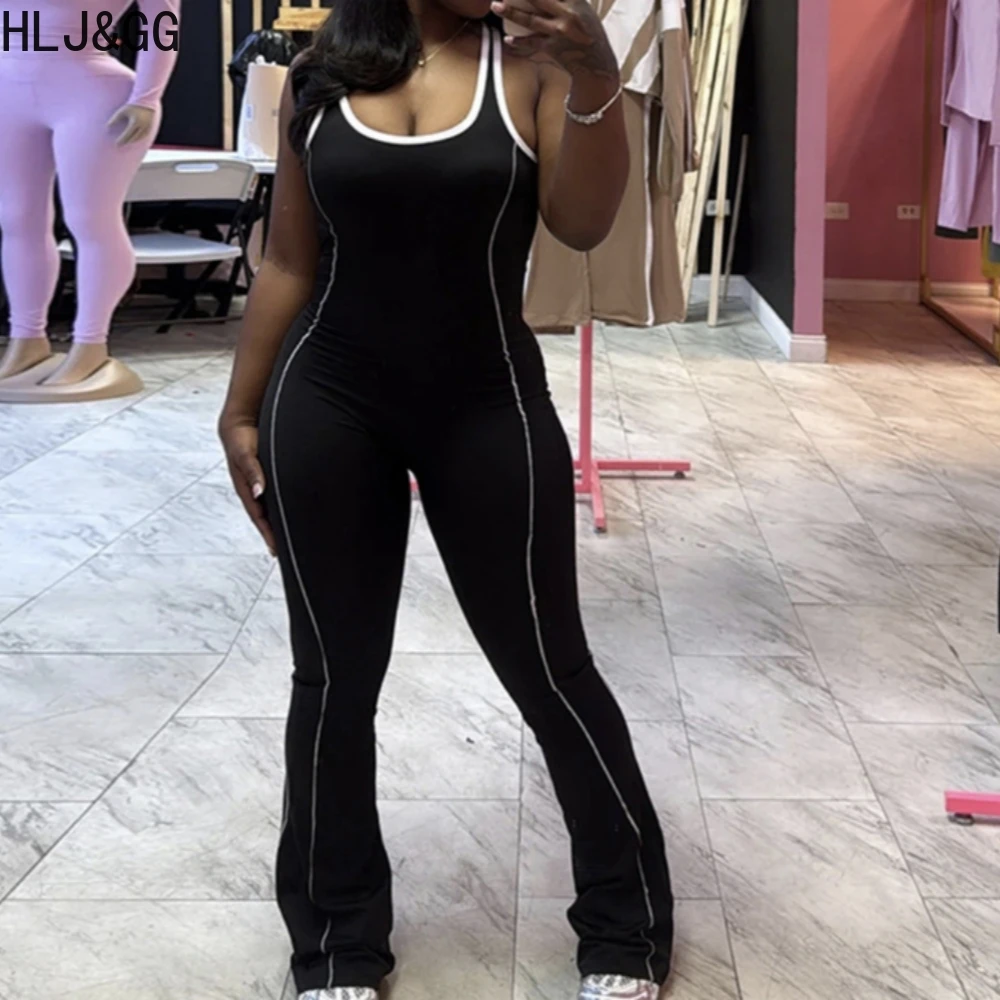 HLJ&GG Fashion Sporty High Quality Stretchy Bodycon One Piece Jumpsuits Women Sleeveless Backless Stitching Flared Playsuit 2025