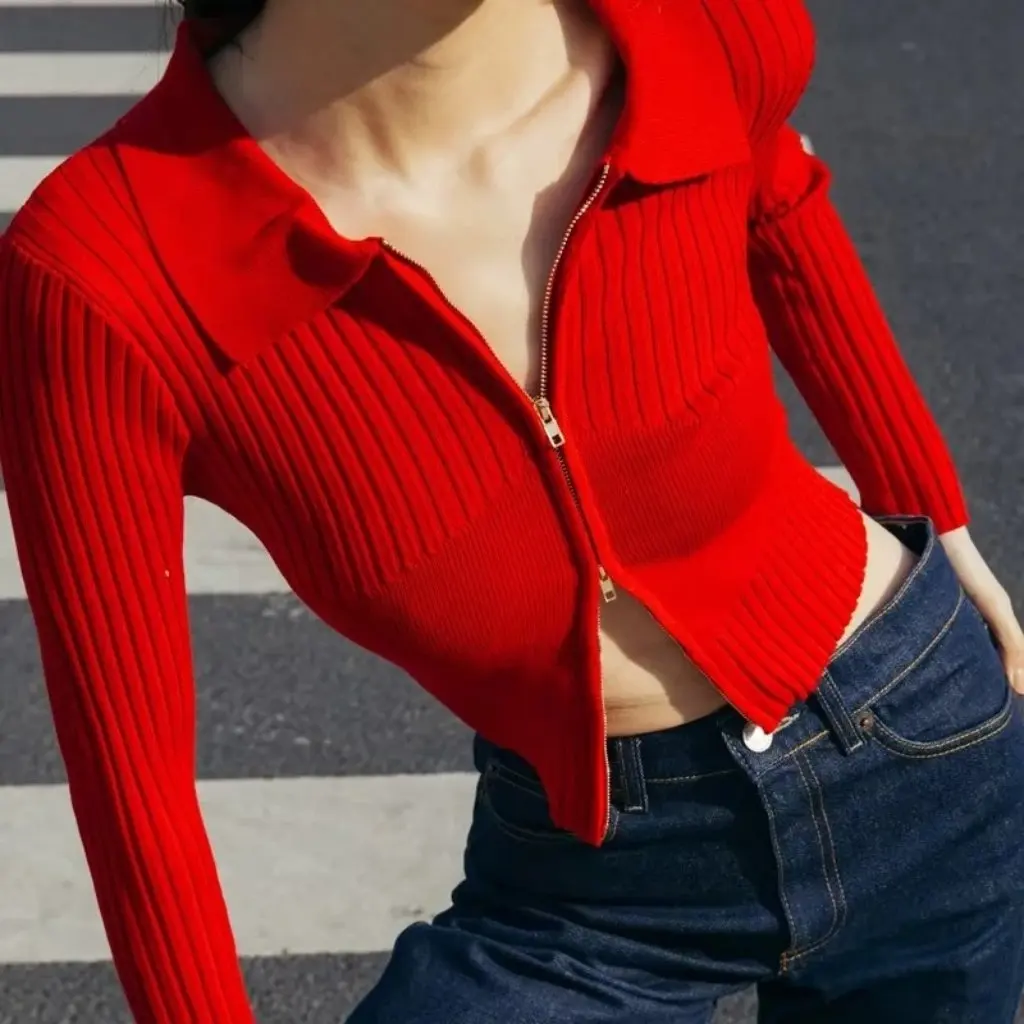 レディース スリムフィット ニット カーディガン ダブルジッパー ラペル ショート セーター ジャケット 無地 タイトウエスト 春 ホットスタイル