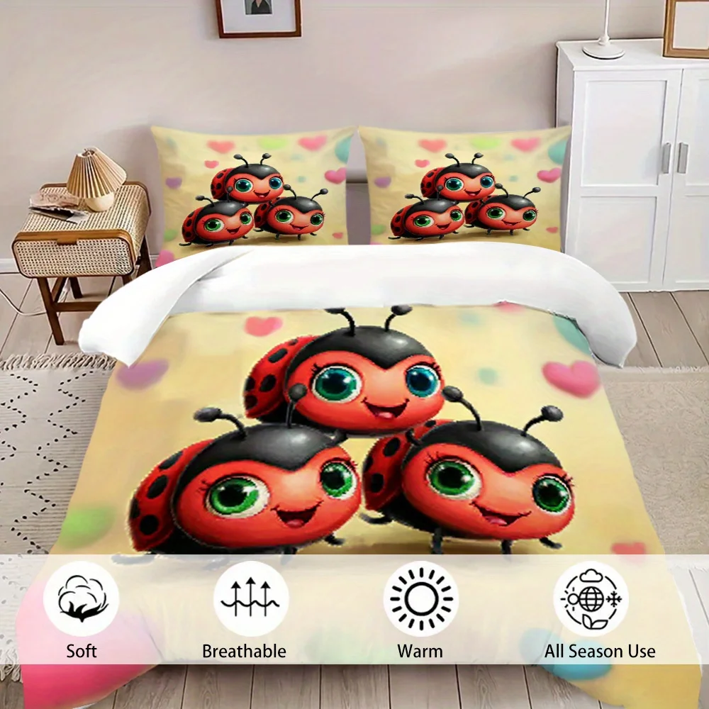 The Latest Printed Quilt Cover Set, 3-Piece Set, 1 Quilt Cover + 2 Pillowcases (Without Filling) 2D Flat Cartoon Ladybug and Heart-Shaped Polka Dot Pattern, Suitable for All Seasons, 3-Piece Printed Quilt Cover Set for Cozy Bedroom Decoration (Suitable for All Seasons, Machine Washable, Invisible Zipper, Large Quilt Cover Set, Bedding Set Quilt Cover