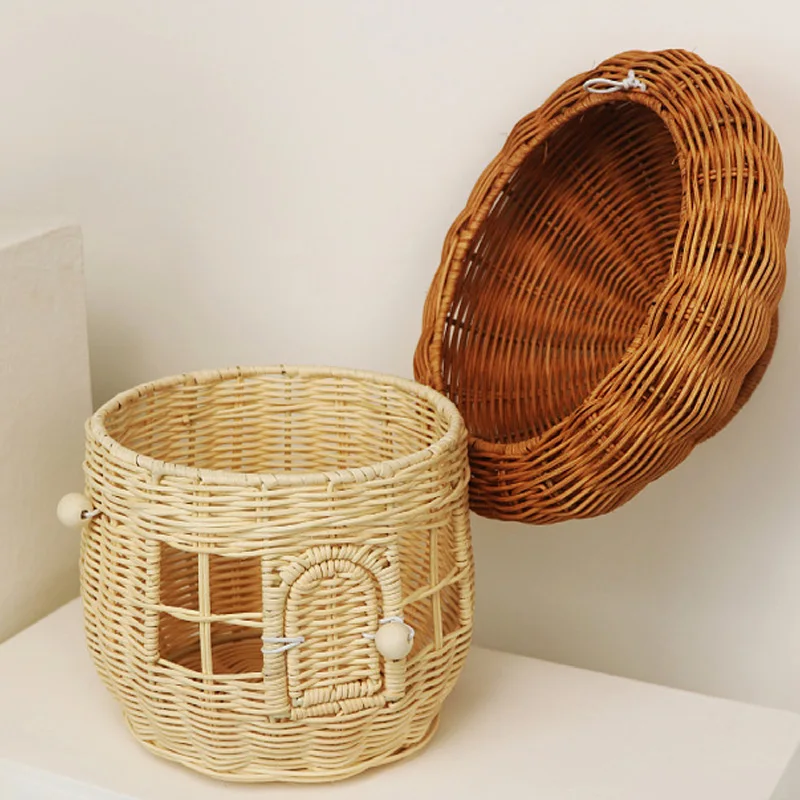 4Styles Wicker Mushroom Basket With Curved Carrying Handle Cute Hand Woven Kitchen Living Room Picnic Storage Organizer