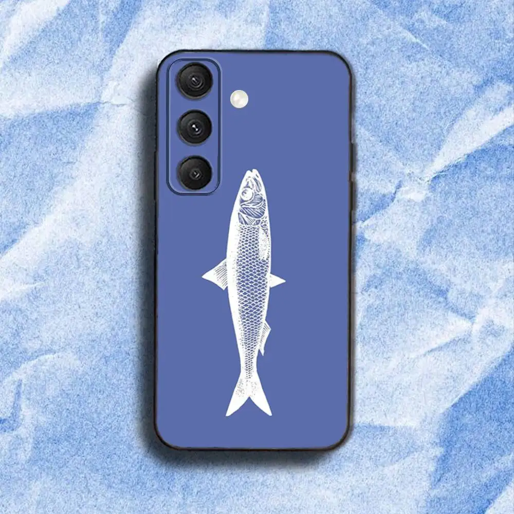 魚 F-Funny Sardines-S 電話ケース Samsung S25、S24、S21、S22、S23、S30、ウルトラ、S20、プラス、Fe、ライト、5G ブラックカバー用