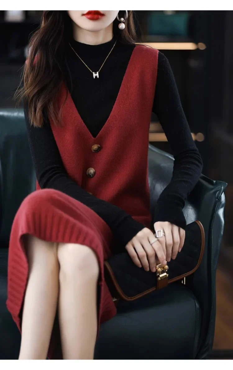 Loose Knitted Vest Women Outdoor Wear 2024 Fall Winter Medium Length Sleeveless Woolen Skirt Adults Solid Color Versatile Tops