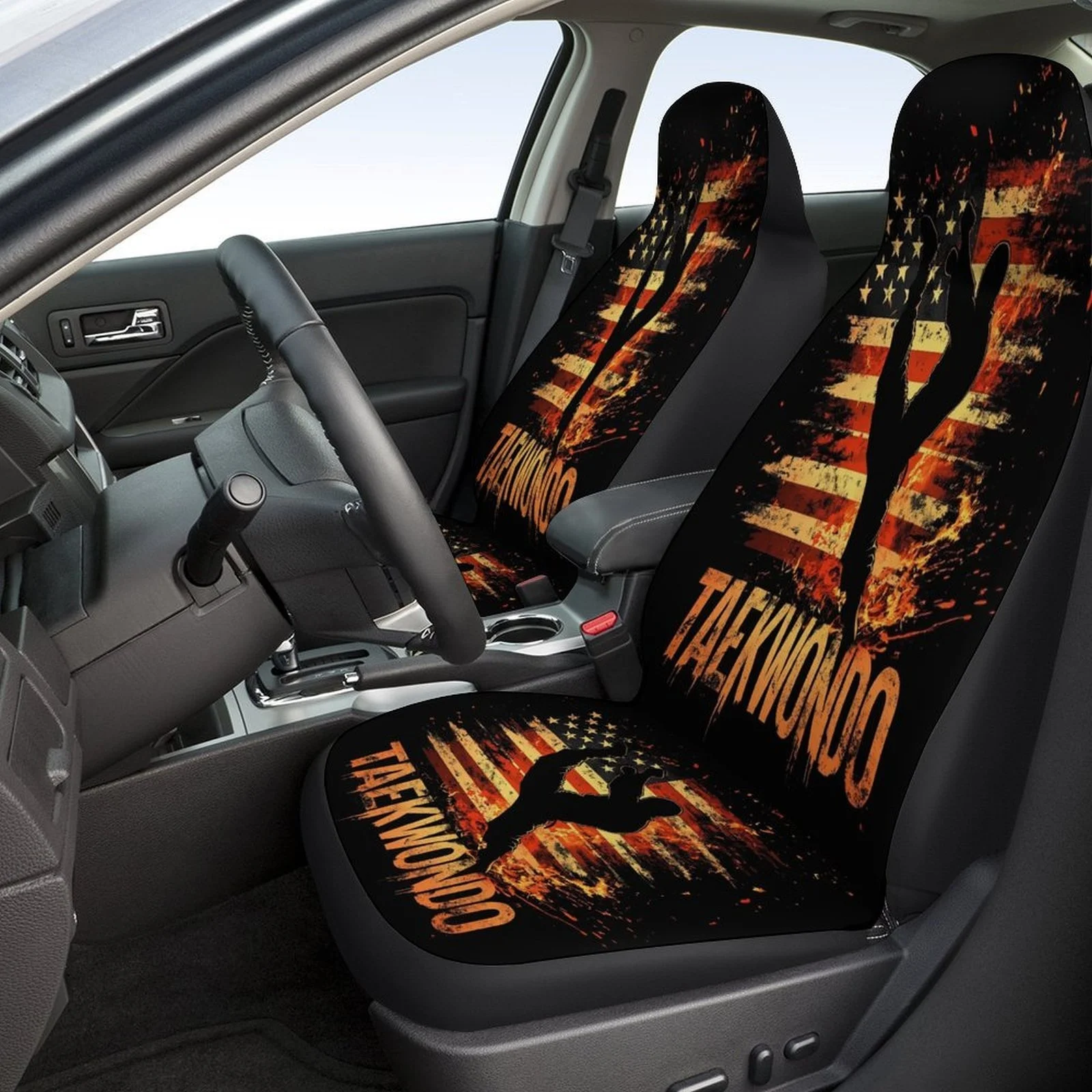 Taekwondo USA Flag Themed Car Seat Cover Set For Most Cars, Fashion Personalized Novelty Car Seat Protector Covers Full Set, Uni
