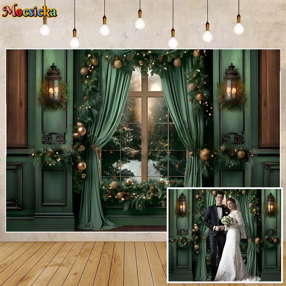 

Mocsicka Christmas Backdrops Photography Green Vintage Wall Curtain Window Snow Scene Women Art Portrait Photo Background Props