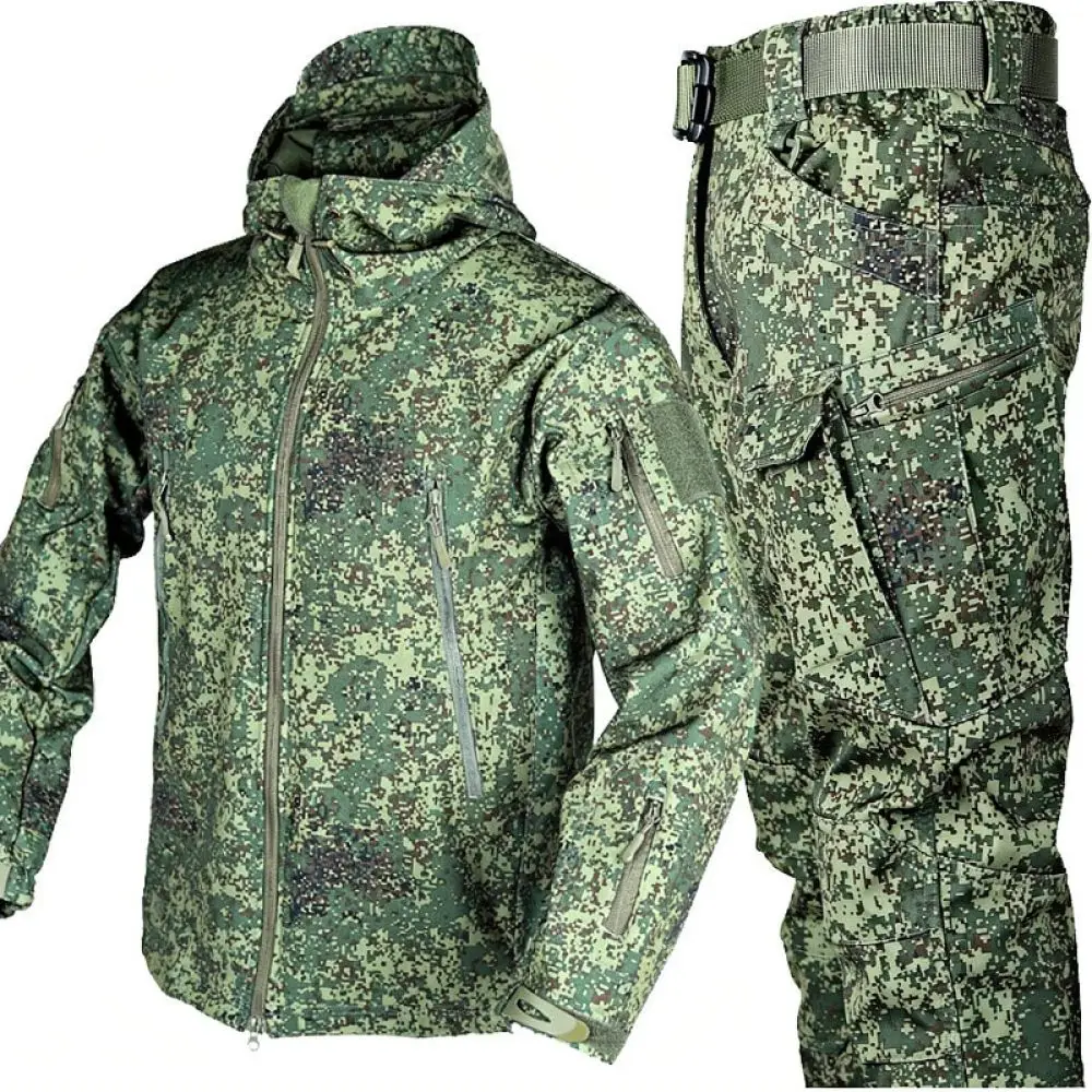 Waterproof Outdoor Softshell Jacket Pants Set Winter Thick Warm Tactical Fleece Camouflage Hiking Fishing Clothing