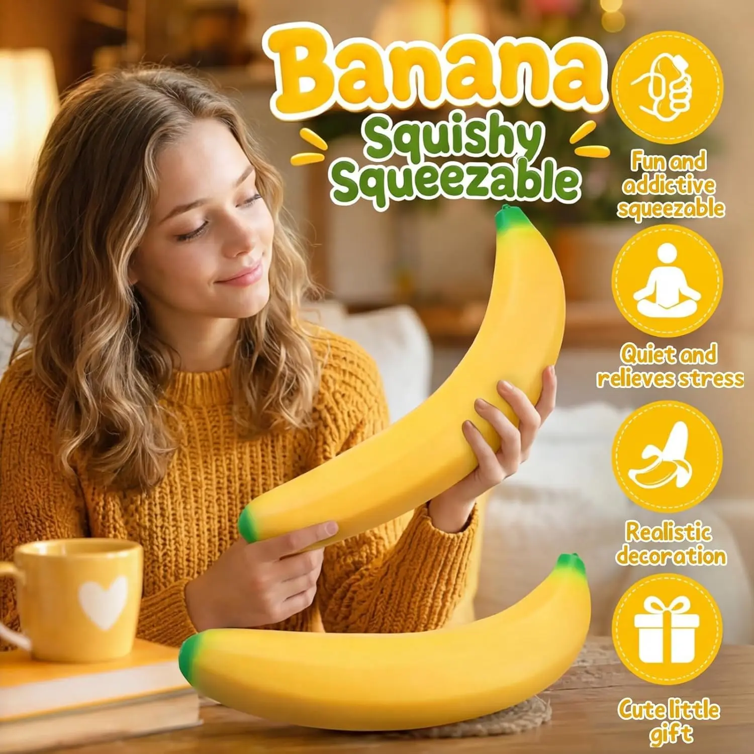Giant Banana Squishy Toy Fake Banana Squeeze Toy Squishy Stress Relief Fidget Toy Slow Rising Desk Accessory for Adults Gifts