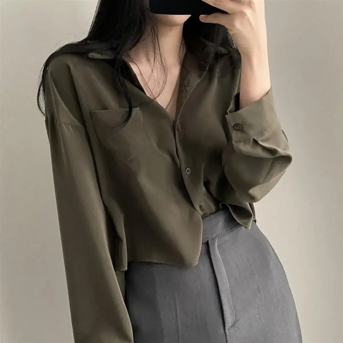 

Long Sleeved Shirt And Blouse Simple Single Breasted Loose Casual Solid OL Trend Short Top Simple Elegant Fashion Women Clothes