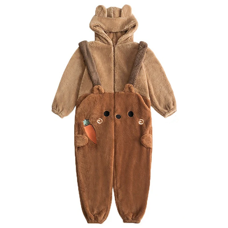 Women Flannel Cartoon Kigurumi Bear Pajamas Hooded Onesie Winter Adults Animal Halloween Christmas Cosplay Sleepwear Jumpsuits