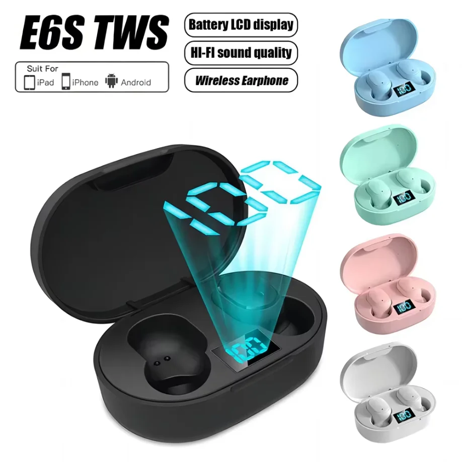 Auriculares inalámbricos E6S con pantalla digital, cancelación de ruido, impermeables, intraaurales, estéreo, deportivos, con estuche de carga.