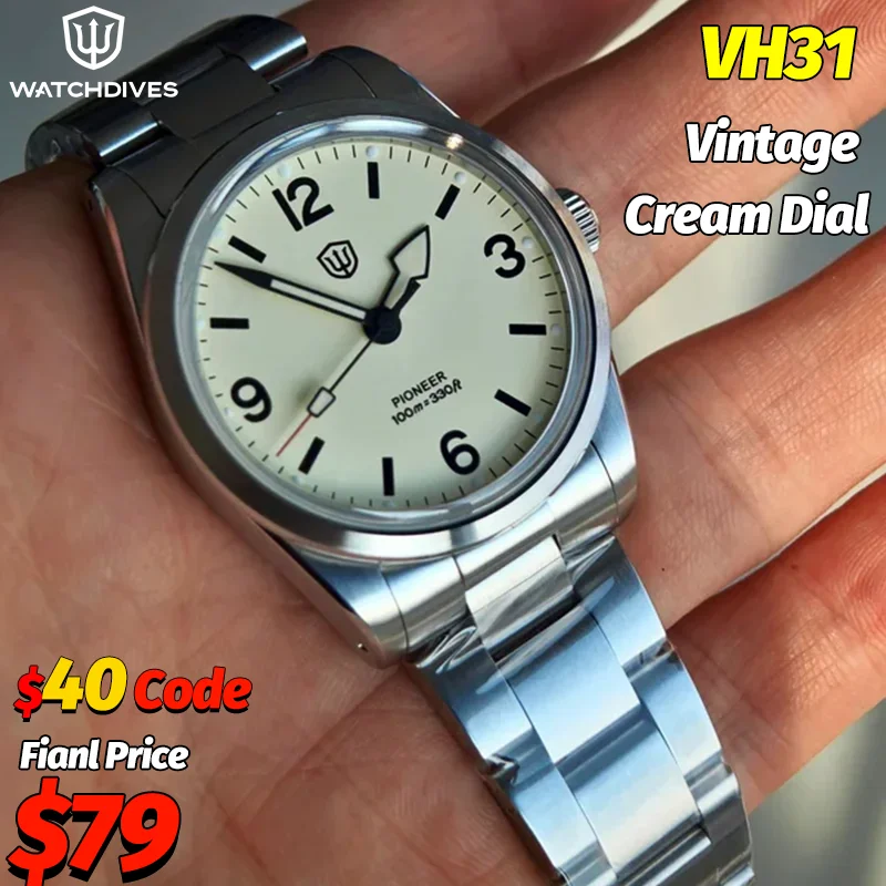 

Мужские часы Watchdives WD1960S V2 с кремовым циферблатом, кварцевые часы VH31 с сапфировым стеклом AR K1, водонепроницаемые на 100 м, светящиеся в темноте, винтажные наручные часы