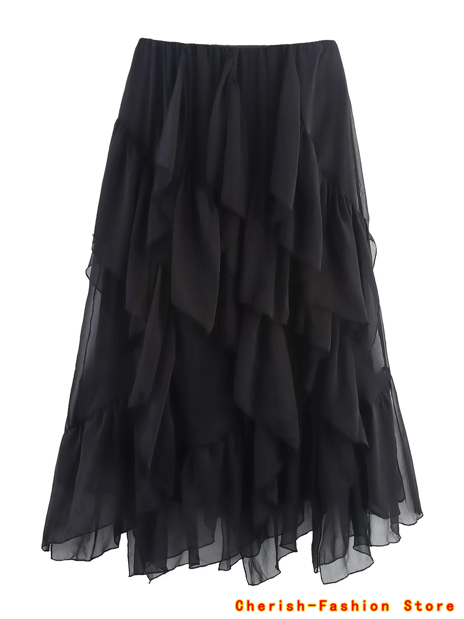 Topenomi Fata Gonna arricciata a strati Donna Estate Semplice Solido Elastico in vita A-line Gonne lungheK Moda Versatile Юбка