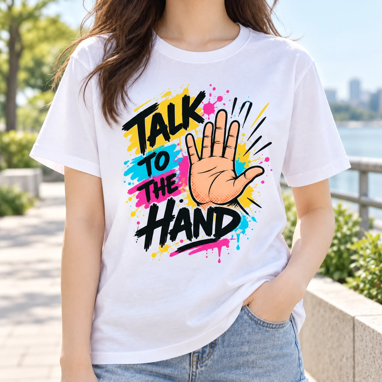 Women T-Shirt,100% Heavyweight Cotton,Talk To The Hand Graphic Tee,Colorful Splash Hand Print,Retro 90s Casual Top