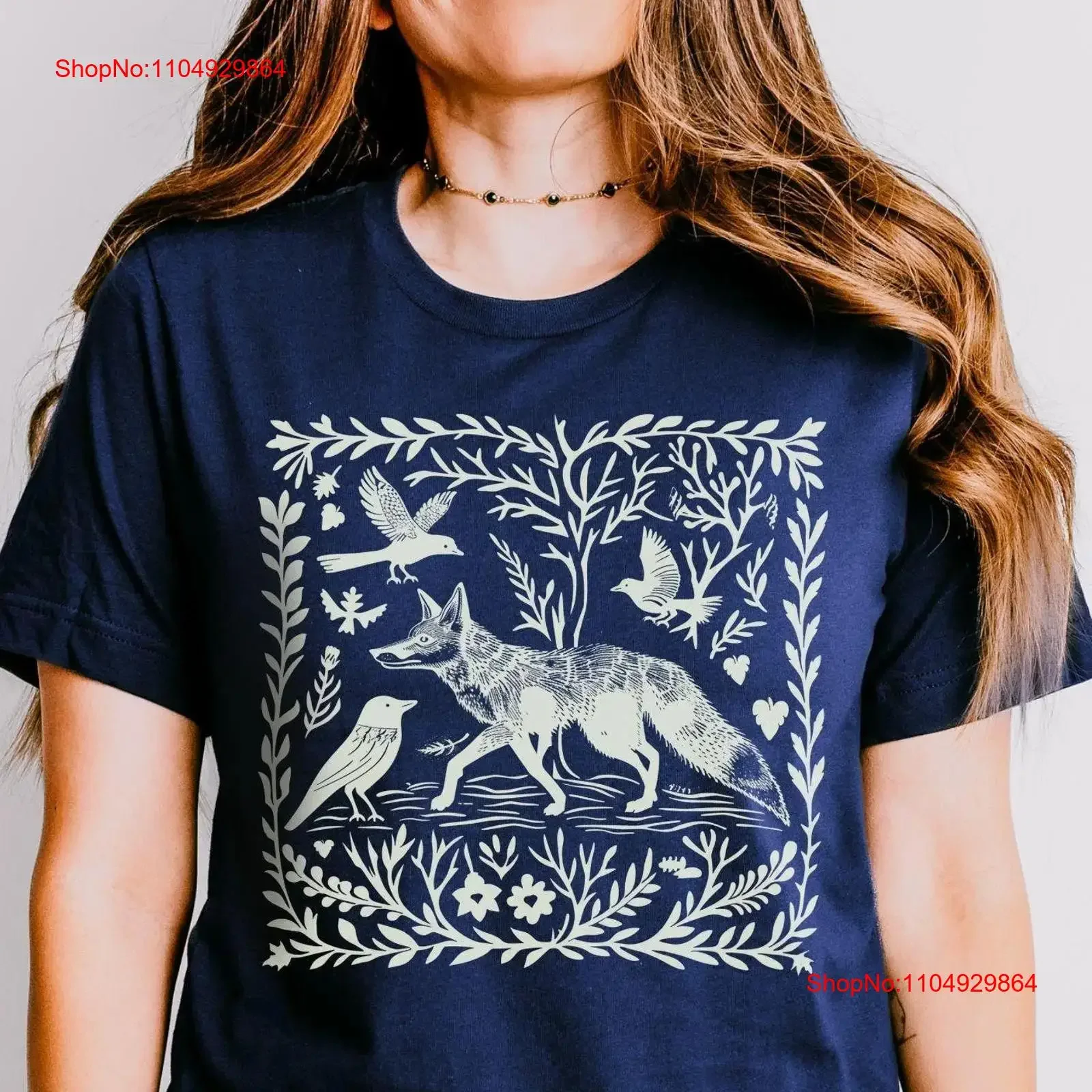 الثعلب تي شيرت الغابات كتلة PrinT Naturecore السويدية الفن الشعبي Linocut Forestcore خمر جرانولا فتاة خمر غسلها تنفس