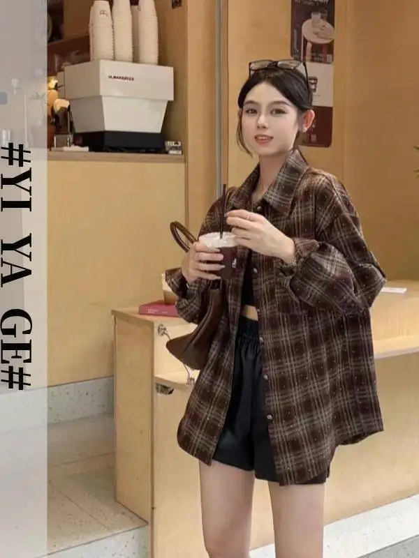 Retro casual xadrez irt design feminino alta reta longa sve topo coreano sle solto ajuste botão detalhe material de poliéster