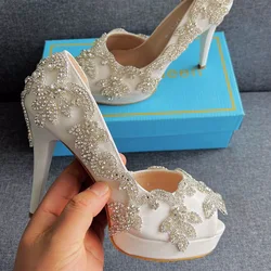 Summer Women High Heel Sandals Open Toe Wedding Rhinestone Platform PU 11CM Thin Heels Peep Toe Female Wedding Pumps Shoes White