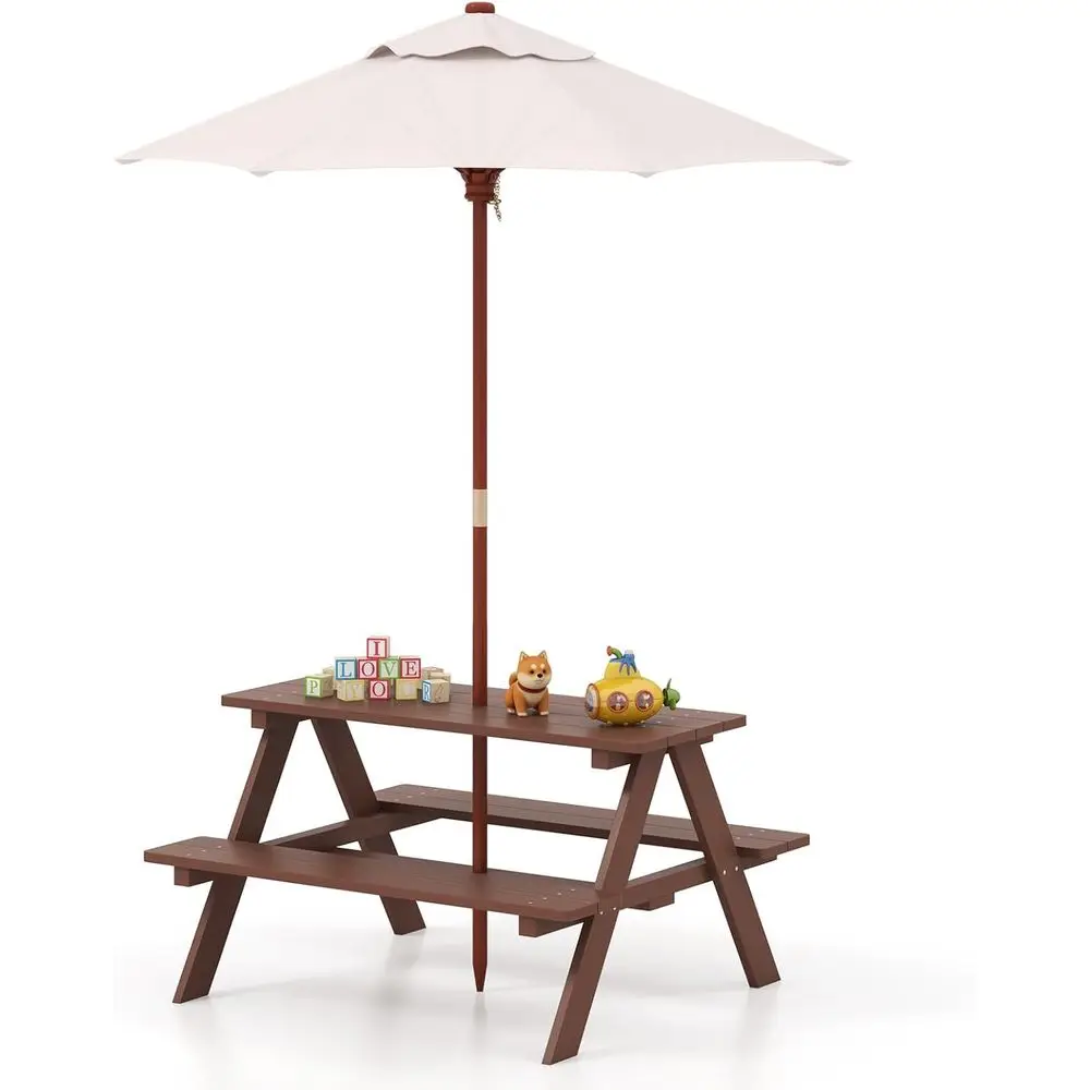 

Adjustable Wooden Picnic Table with Umbrella for Kids, Suitable for Outdoor Play and Dining, Ages 3-8 (Brown)