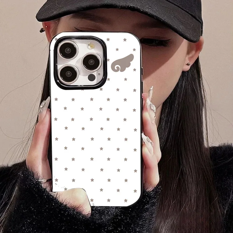 เคสโทรศัพท์ลายปีกนางฟ้าดาวน่ารักสีดำ สำหรับ iPhone 15 Pro, iPhone 16, 14 Plus, 12, 11, 17 Pro Max, 13, X, XS, XR, 7, 8 Plus