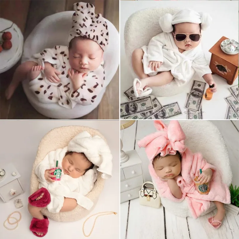 Bathrobe New 2PC Headscarf and Pajama Newborn Photography Photography Clothing Set Baby Full Moon Take Photos Accessories Props image 3
