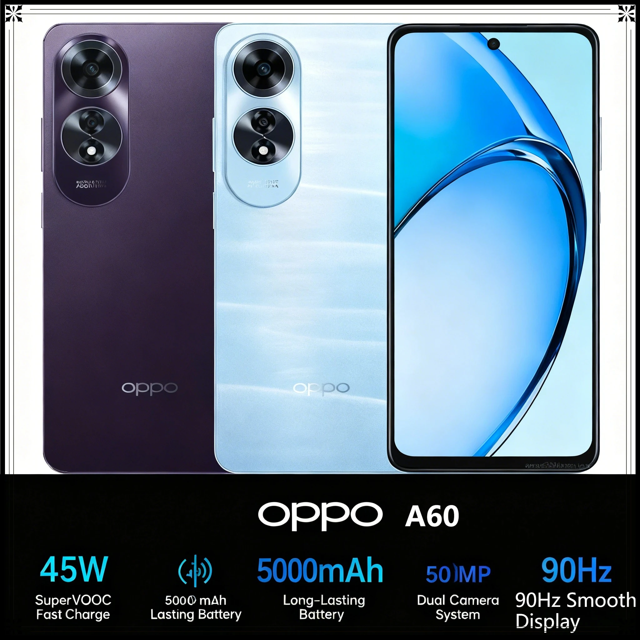 OPPO A60 Unlocked Smartphone 45W SuperVOOC 5000mAh 90Hz 6.67