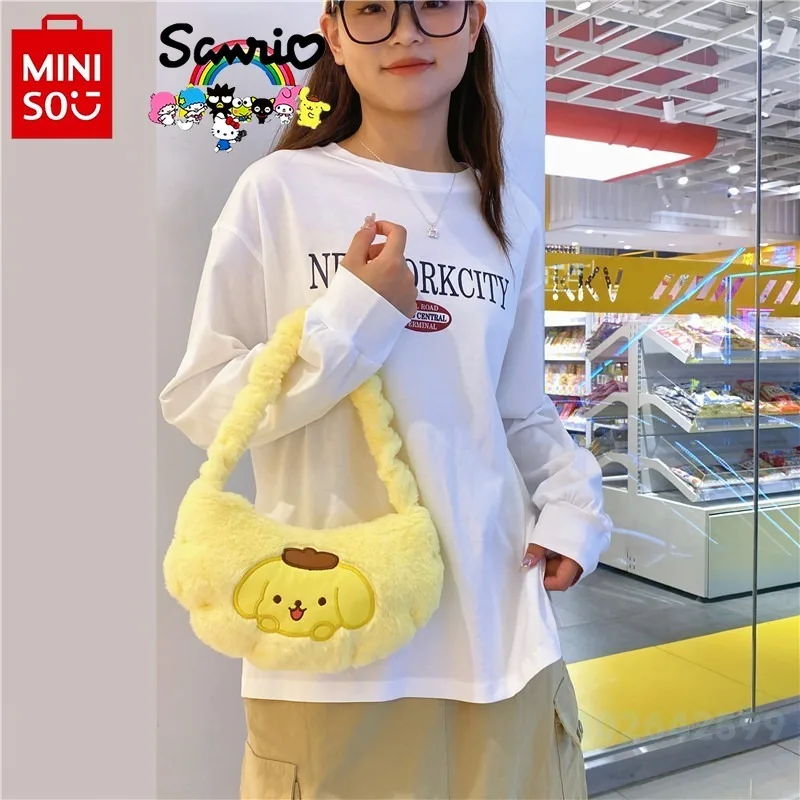 MINISO 2024 New Women's Plush Bag Fashionable High Quality Girl Shoulder Bag Popular Cartoon Versatile Women's Phone Storage Bag