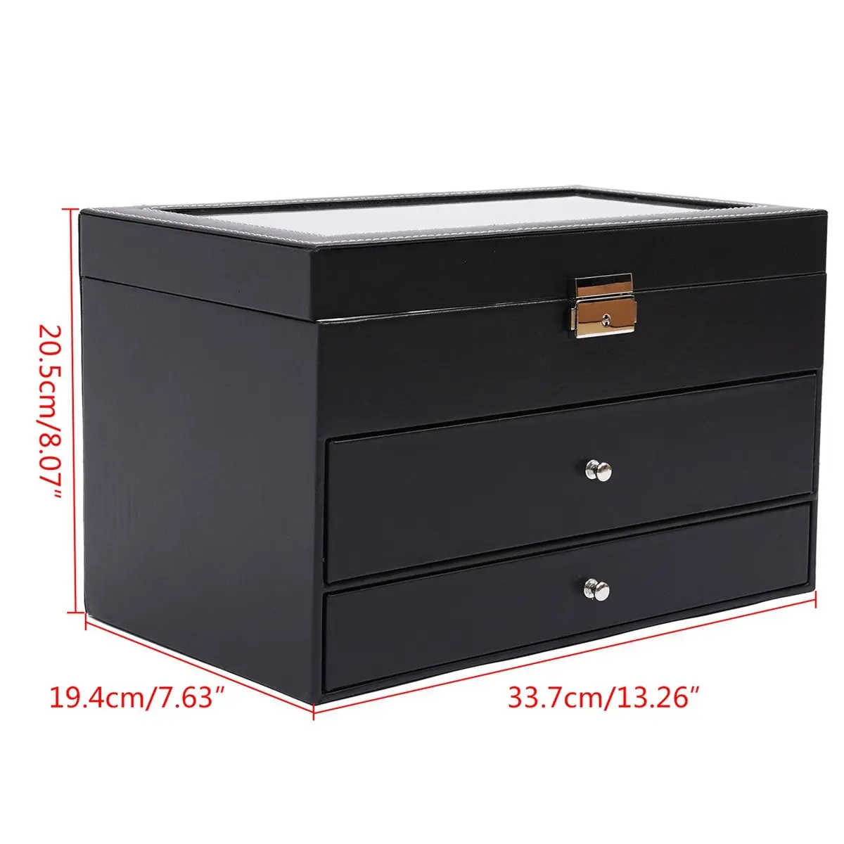 A67T NEW Watch and Eyeglasses&Sunglasses Box 3 Layer Leather Black with Jewelry Display Drawer Metal Buckle Case Organizer