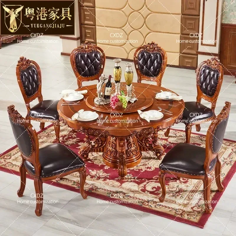 European Style Round Dining Table Solid Wood Base with Turntable Dark Marble Top Modern Luxury Kitchen Furniture for Home