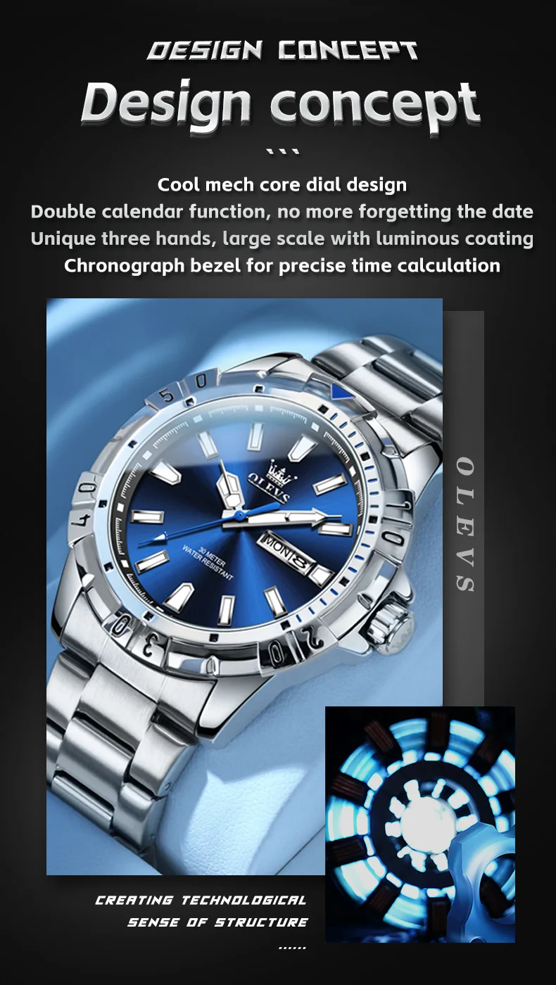 OLEVS NEW Original Diving Series Men\'s Watches Stainless Steel Wristwatch Blue Luminous Cool Quartz Watch for Men Top Brand