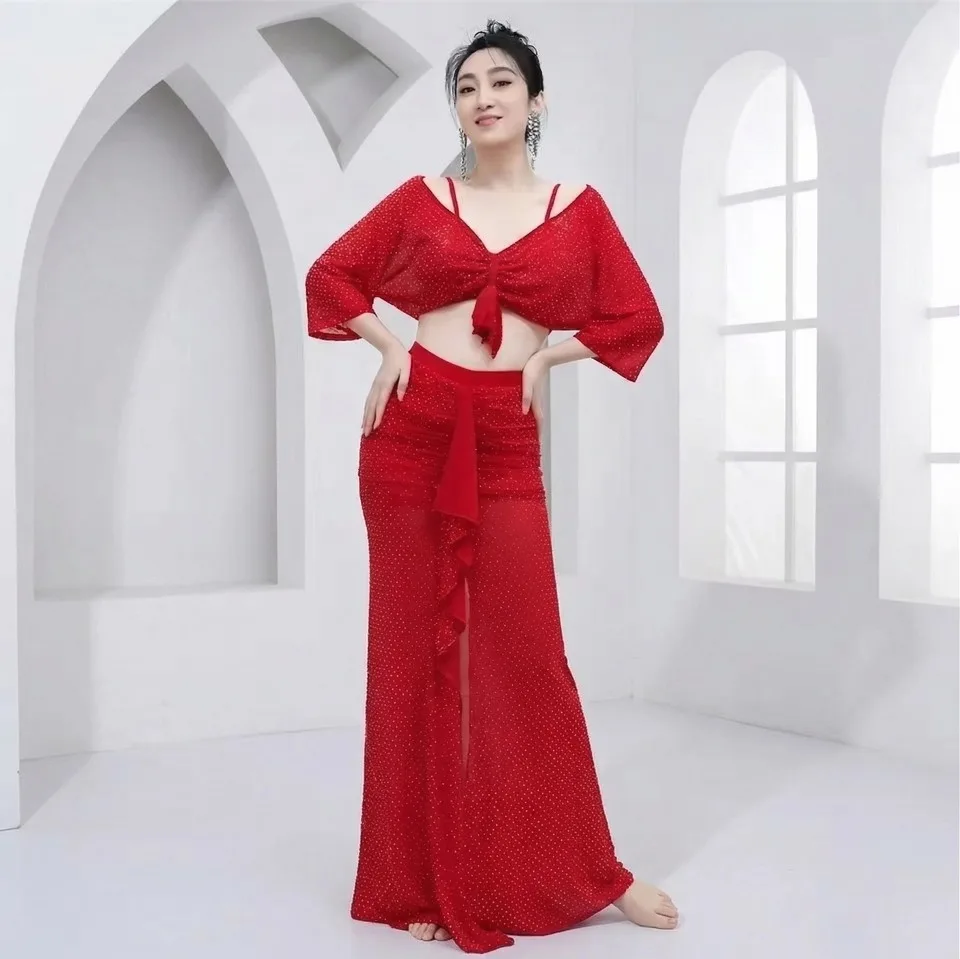 

Women Group Performance Belly Dance Costume Girls Training Outfit Oriental Dance Long Slit Skirts Shiny Hotfix Rhinestones Suit