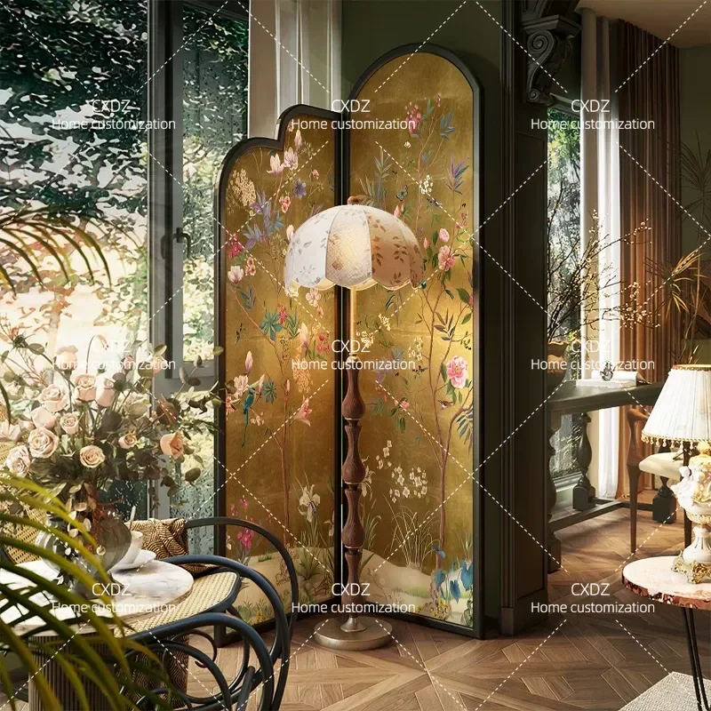 French Medieval Style Folding Screen Partition Solid Wood Foldable Mobile Room Divider for Living Room Entryway Retro