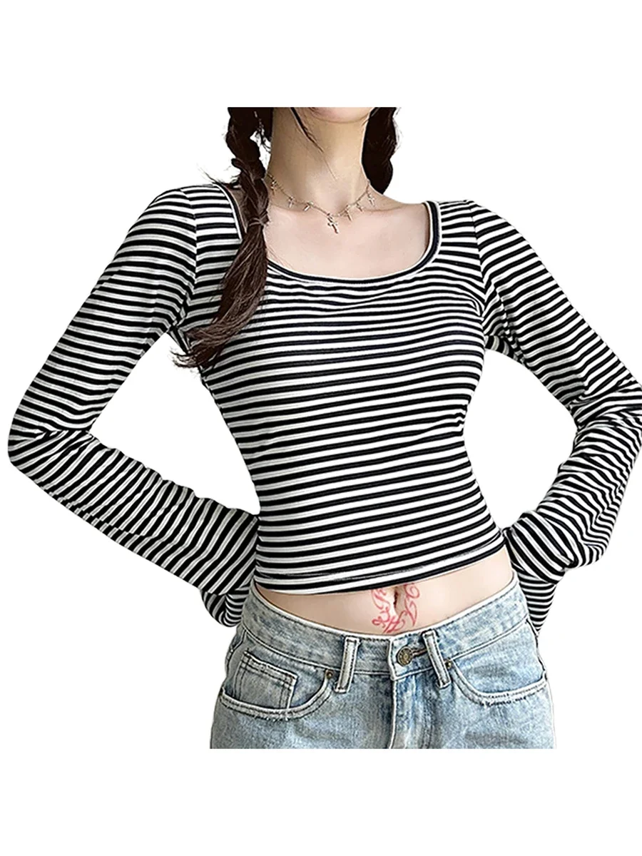 Women T-shirt Long Sleeve Scoop Neck Fall Striped Tops  Fit Ladies Streetwear