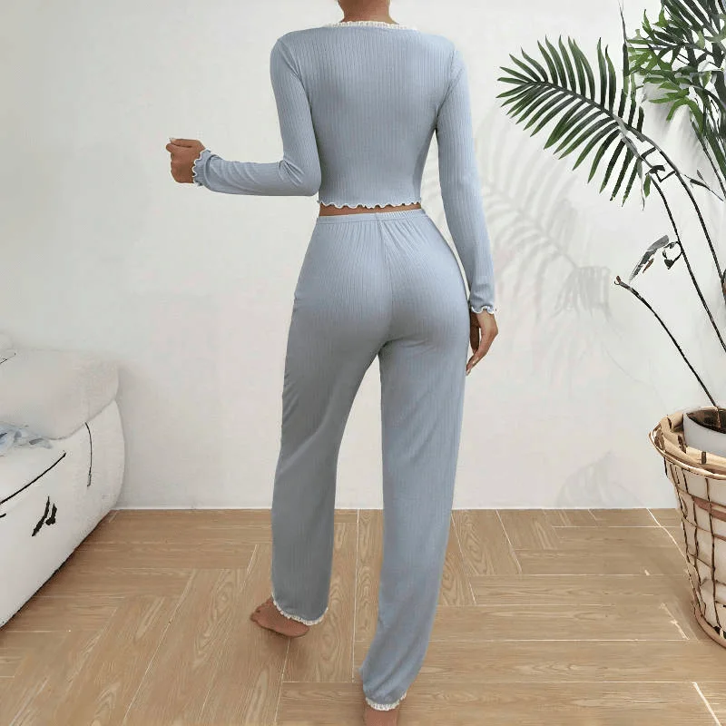 New European and American home wear pajamas long sleeve trousers slim sexy lace double long suit