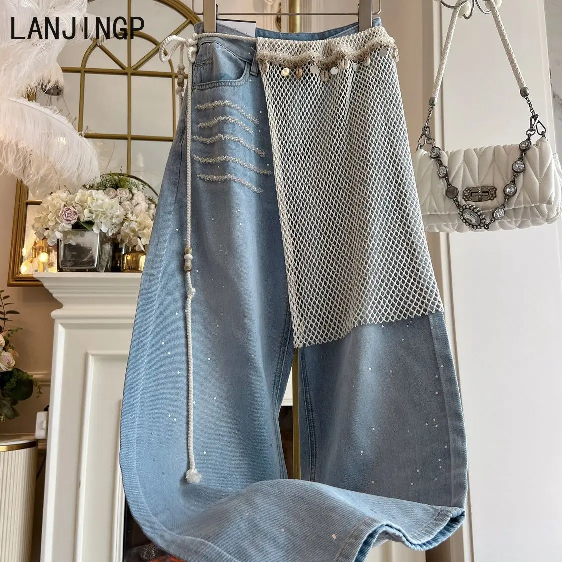 

Hot Diamond Design Sense Wide Leg Jeans Women's 2025 Summer New Loose and Skinny Straight Pants Tide