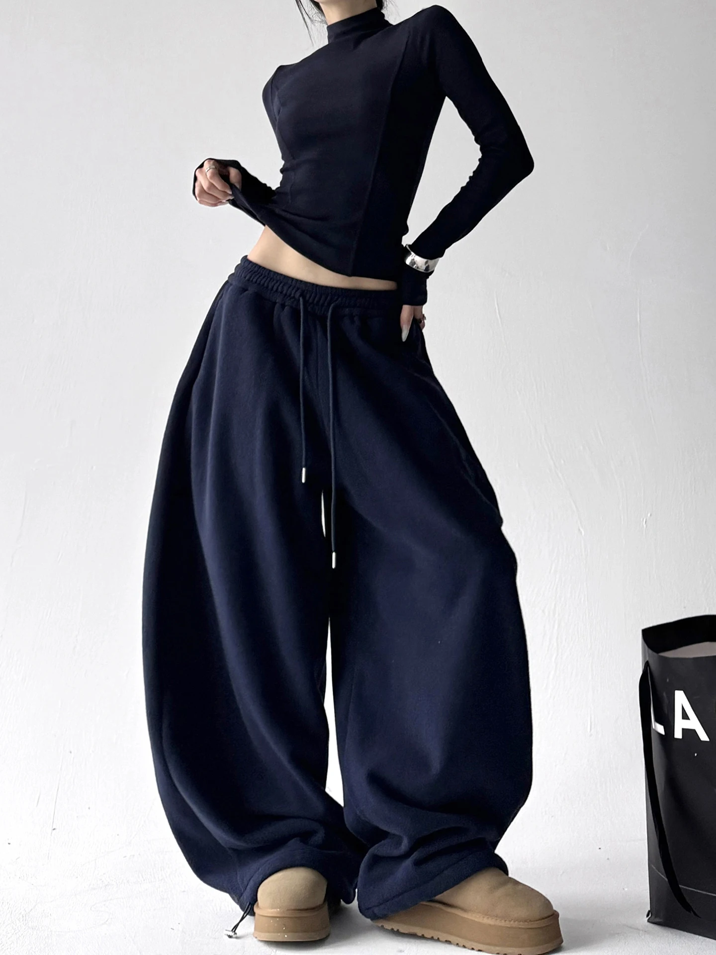 Lose Fce Gefüttert Breite Bein Jogginghose frauen Spor Casual Hosen Hohe Taille Polyester Faser Retro Sle Herbst Winter Neue