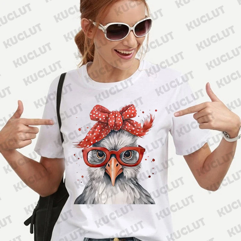 T-shirt estive stampate con grafica di pollo O collo vestiti maglietta oversize donna magliette a maniche corte magliette Casual alla moda di strada