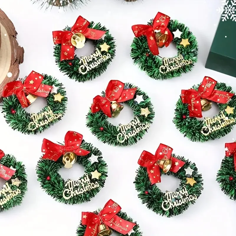 20 Stück Mini-Weihnachtskränze mit roten Schleifen und Glocken, Weihnachtsdekoration für Weihnachten, Neujahr, Hochzeit, Geburtstag, festliche Ornamente
