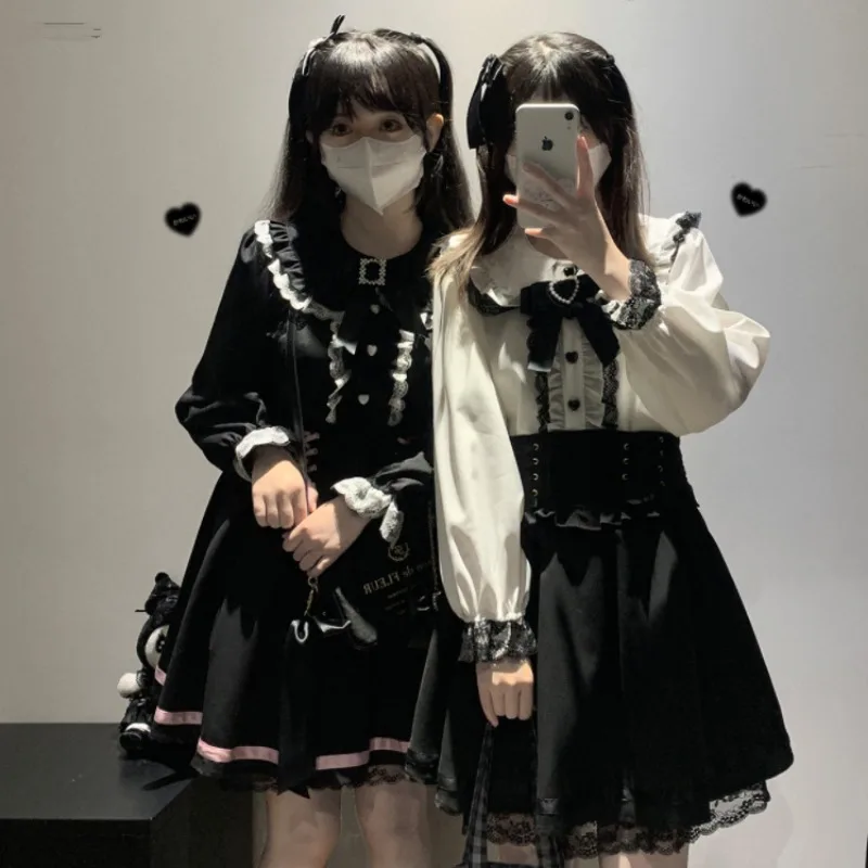 Japanese Lolita Blouse Sweet Lace Women Harajuku Bow Long Sleeve Button Blouses Cute Kawaii Girl Shirts Spring Summer Tops New