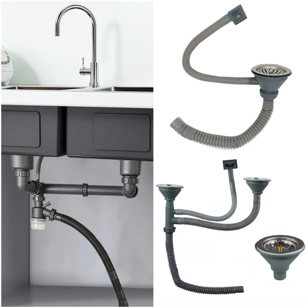 

Stainless Steel Kitchen Sink Drainer Flexible Single-slot/Double-slot Drain Pipe Replacement Extension Pest-Proof Sewer Pipe Set