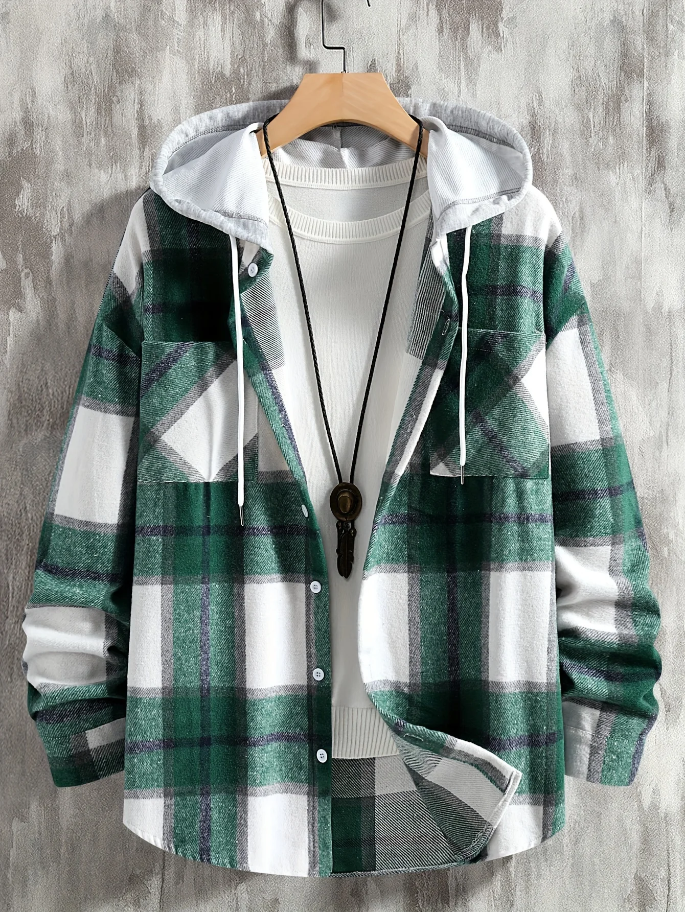 남성용 후드 체크 무늬 긴 소매 셔츠 재킷 가을 겨울용 캐주얼 패션 겉옷