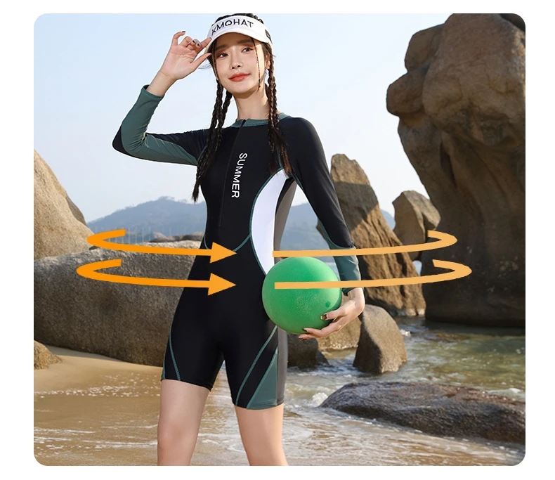 Women One Piece Long Sleeve WaterProof Outdoor Sports Beach Push Up SwimWear Female Full Body Quick-Dry Bathing Rash Guard