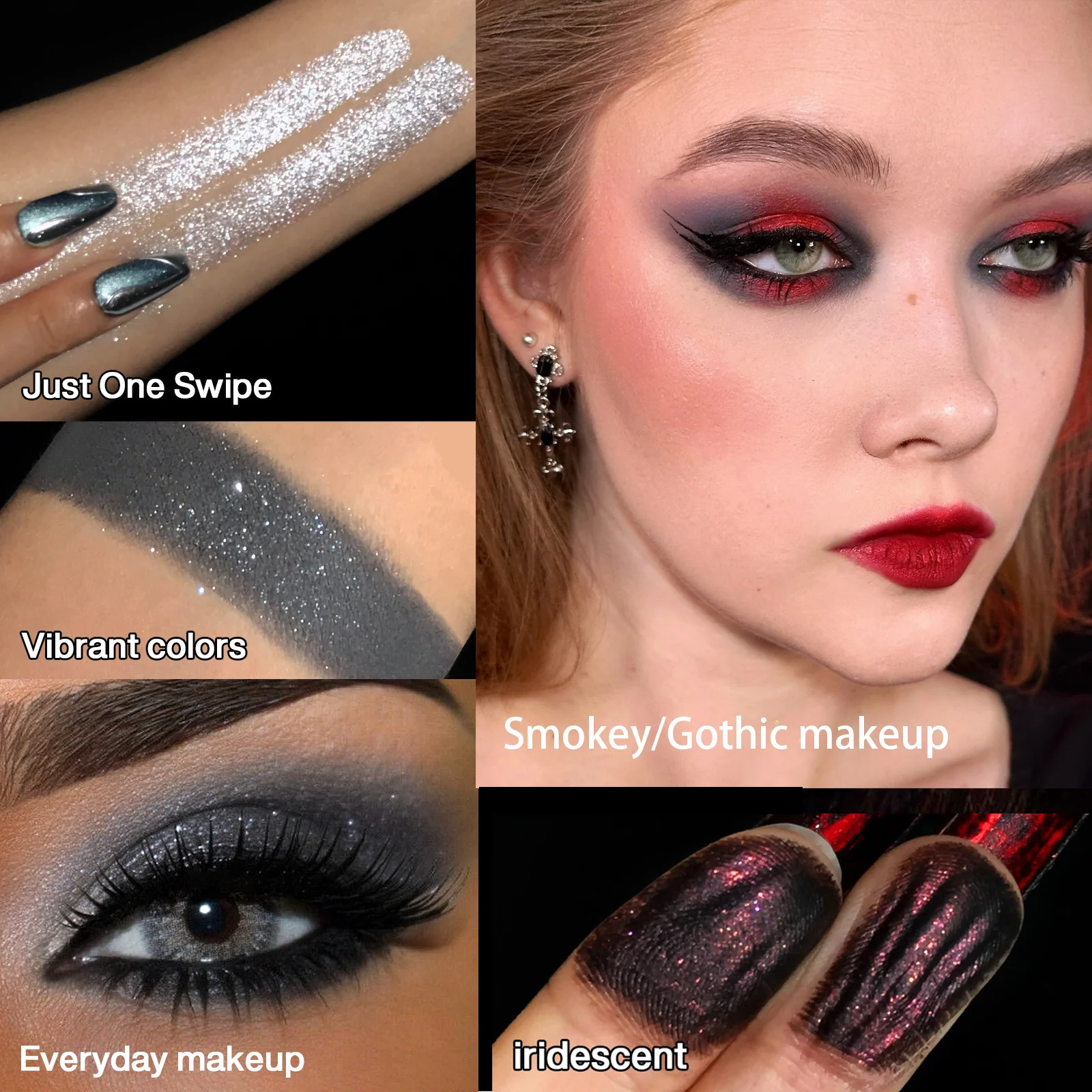 Palette di ombretti neri grigi Goth Makeup, tavolozza di ombretti Grunge Smokey Eye altamente pigmentata, argento glitter cromato sfumabile