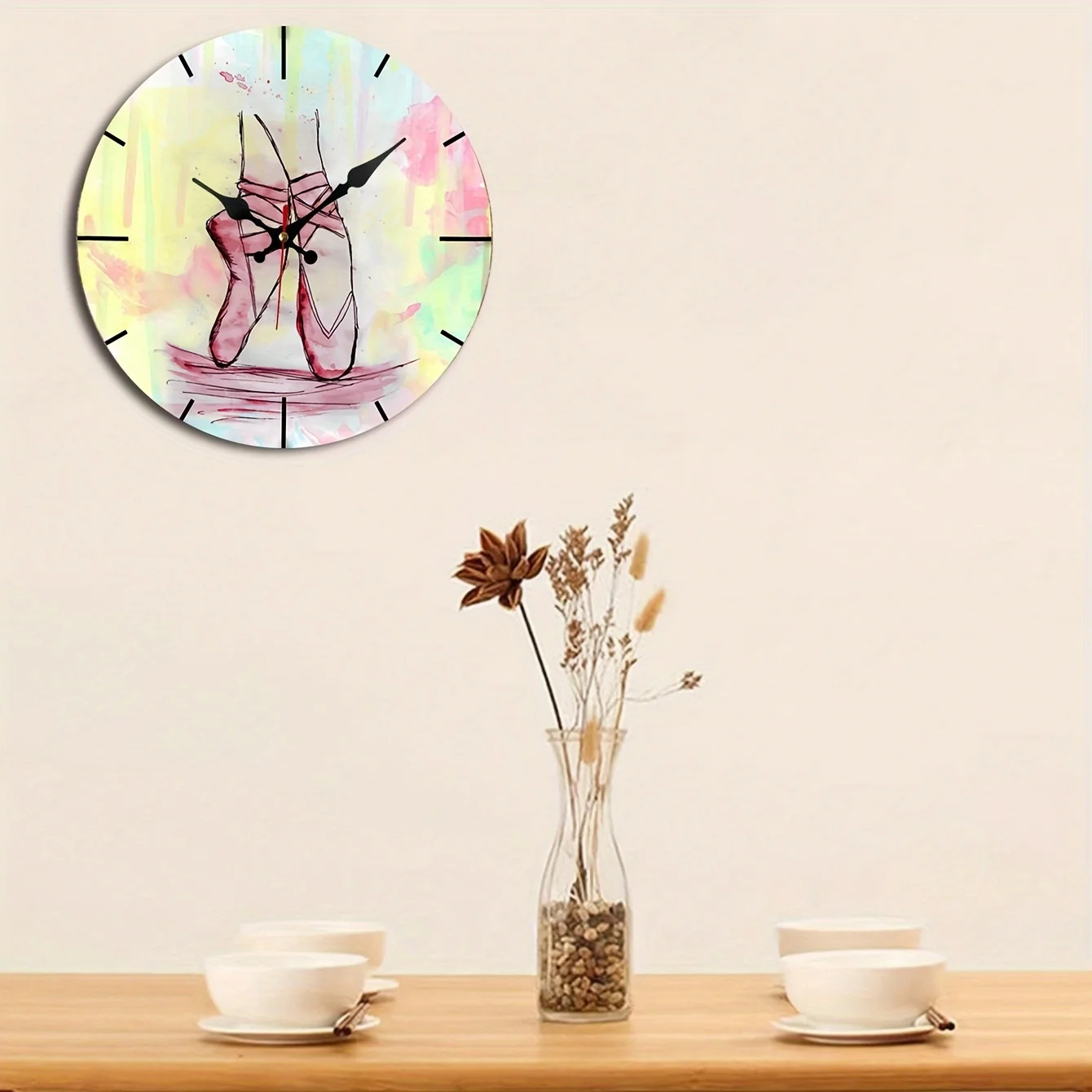 Ballet Shoe Wall Clock  Wooden Round Design for Home Decor & Gifts, Battery Operated (AA Not Included), Creative, Room Decor