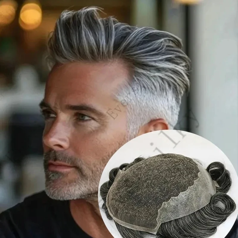 

Breathable Q6 Swiss Lace Front&PU Base Durable 1B65 1B30 Gray Man Human Hair Toupee Male Wigs Capillary Prosthesis Bleached Knot