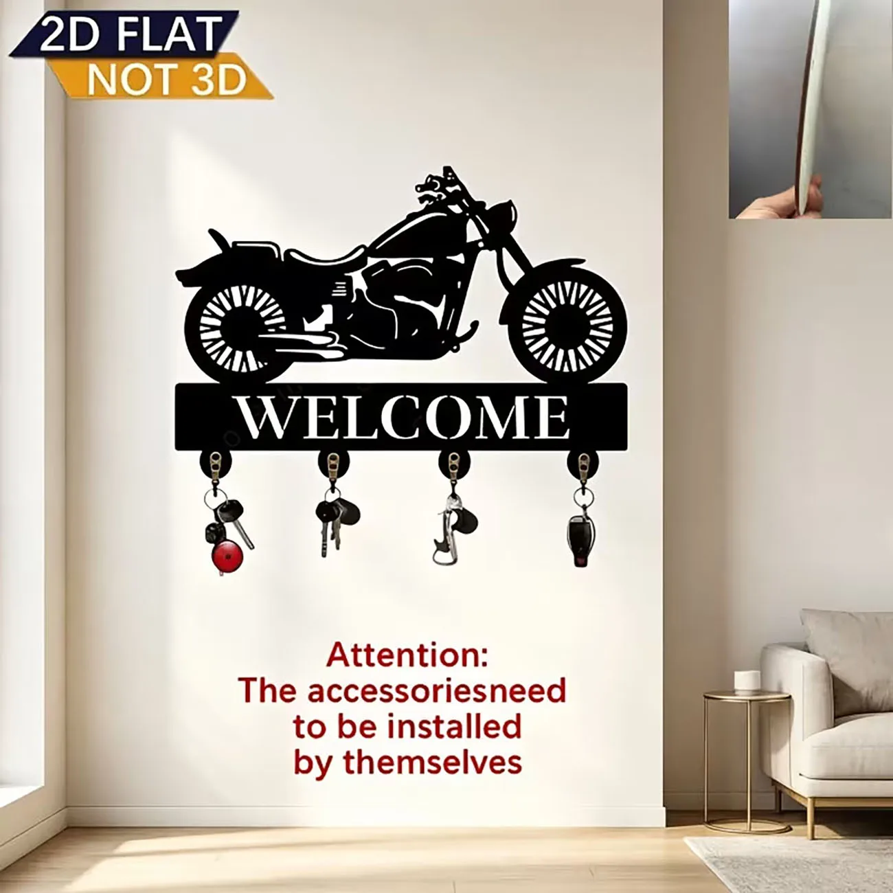 Vintage Motorcycle Silhouette Wooden Key Hook Wall Hanging Decor With Four Metal Hooks 2D Flat Print