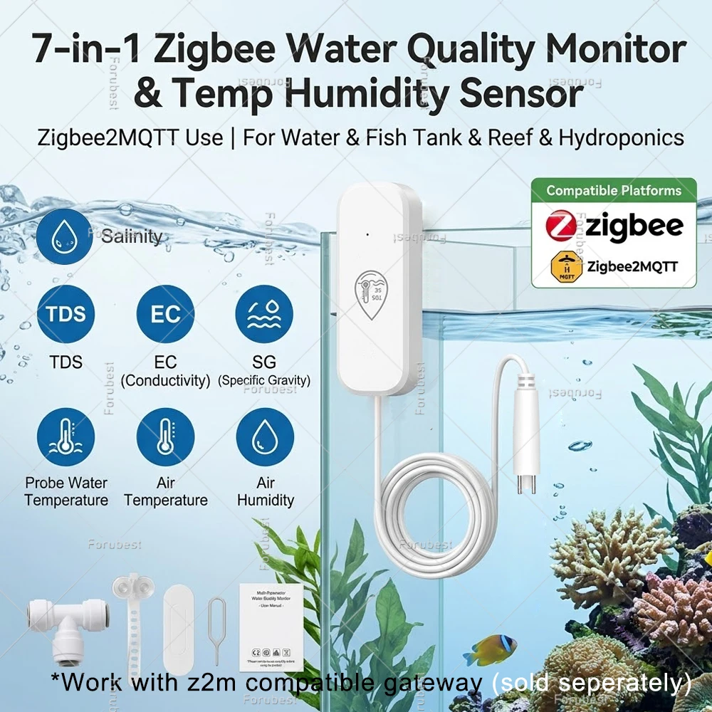 7-In-1 Zigbee TDS EC Salinity SG Temp Water Tester With Air Temp Humidity Sensor Water Quality Monitoring Works with Zigbee2MQTT