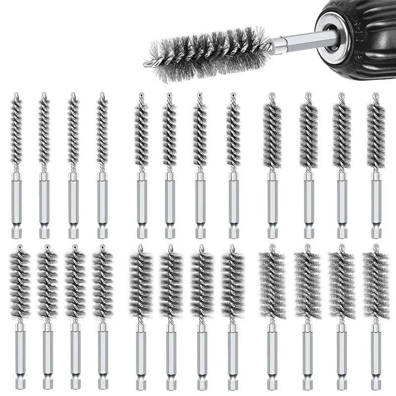 AEE6-24PCS Wire Bore Brushes Set For Power Drill, With 1/4 Inch Hex Shank For Tubes Pipe Cleaning(8/10/12/15/17/19MM)
